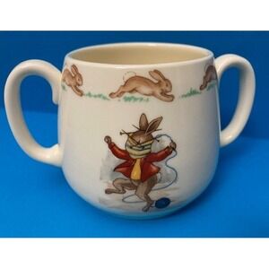 Royal Doulton Bunnykins 2 Handled  Mug "Knitting Scene" English Fine Bone China